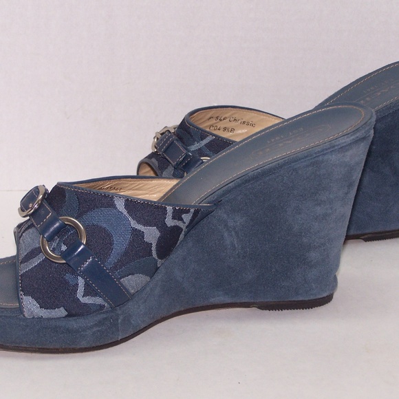 Coach Chris Sig C Canvas Blue Suede Wedge Slides - Picture 2 of 5